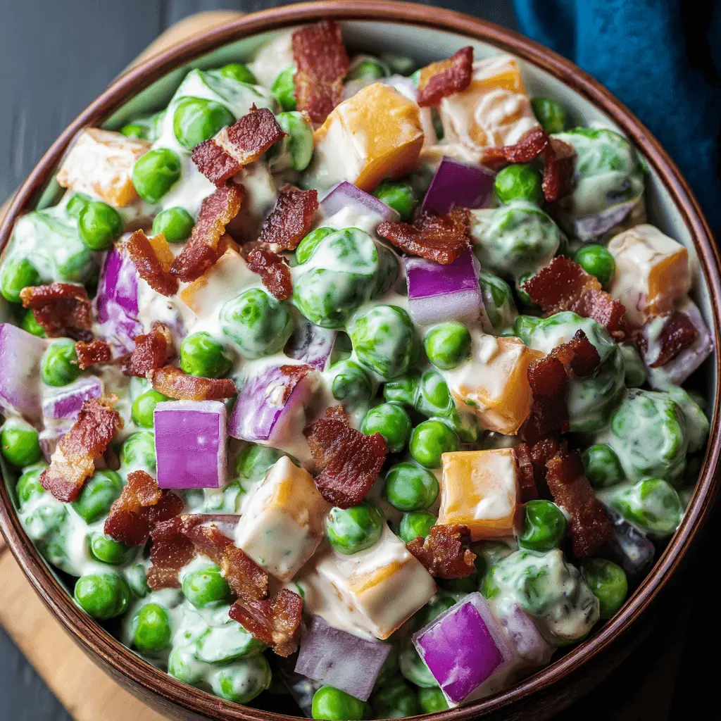 A vibrant, creamy pea salad with bacon, red onion, and cheddar cheese in an earthy bowl.
