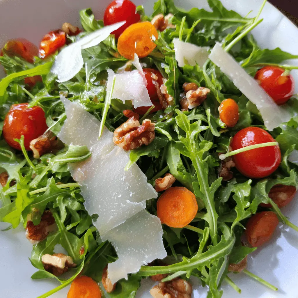 A stack of fluffy pancakes topped with banana slices, almonds, chia seeds, and maple syrup, served with a glass of orange juice.