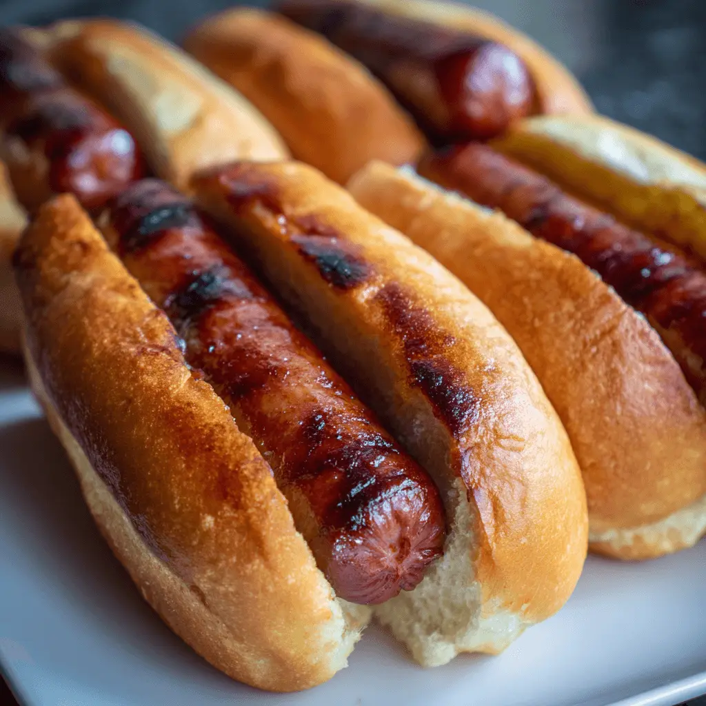 Close-up of perfectly grilled air fryer hot dogs nestled in soft buns on a white platter.