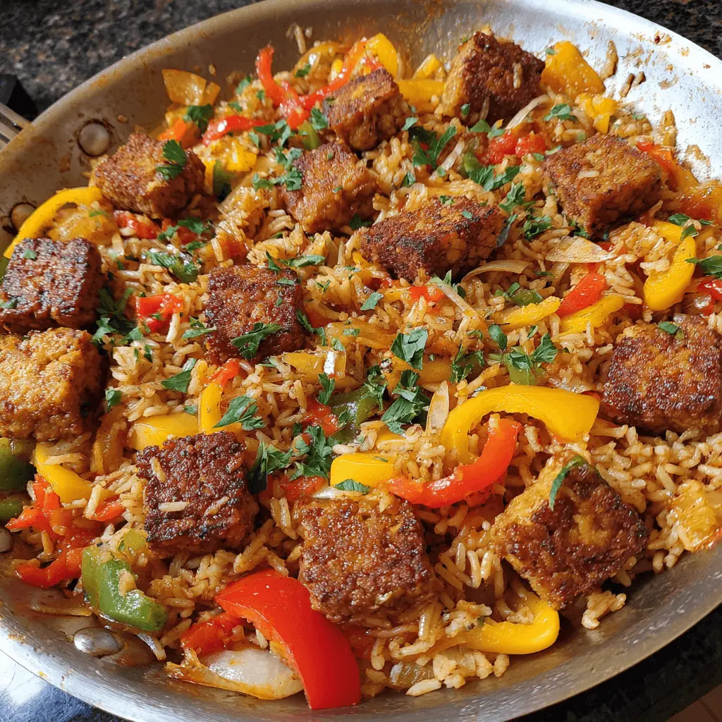 A stack of fluffy pancakes topped with banana slices, almonds, chia seeds, and maple syrup, served with a glass of orange juice.
