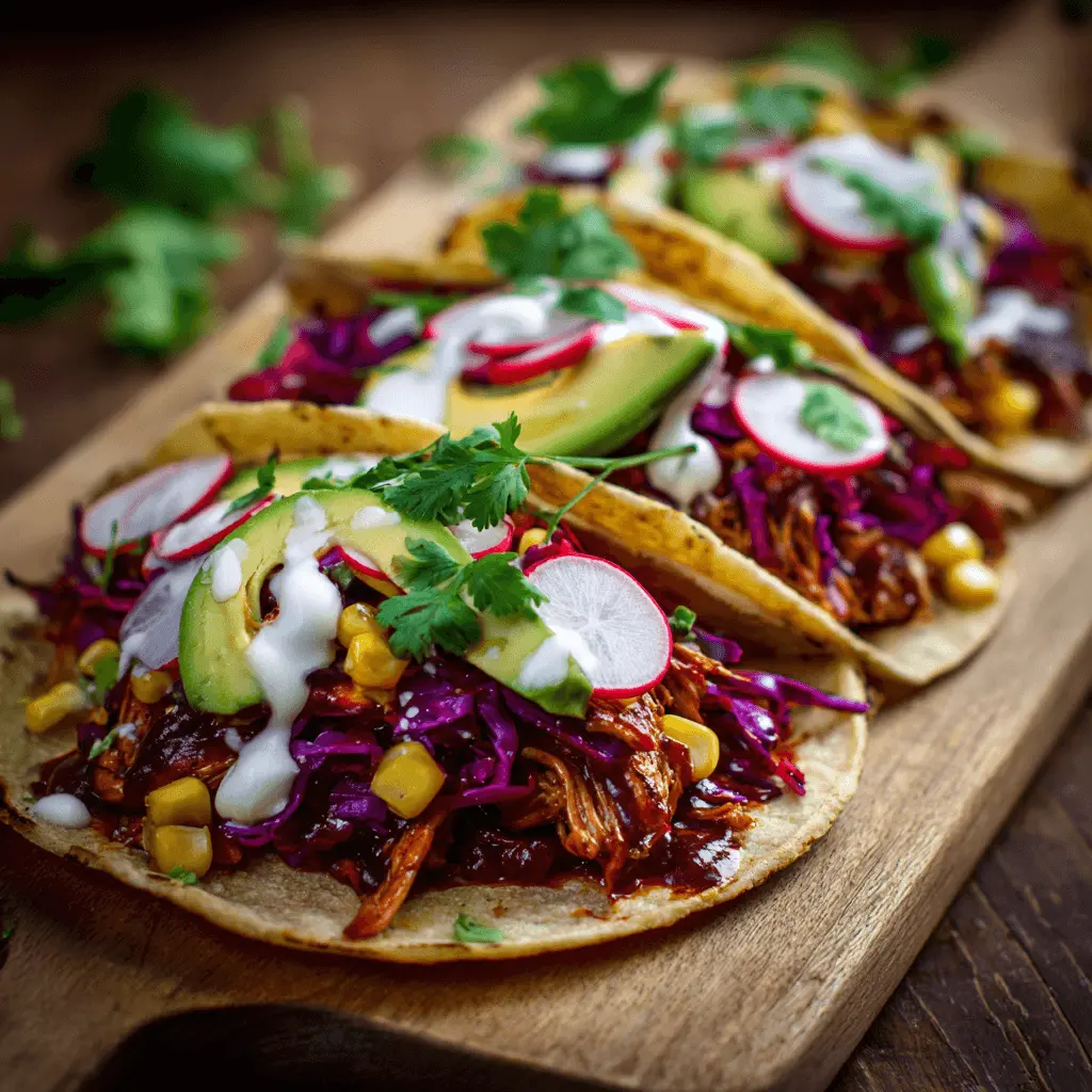 A stack of fluffy pancakes topped with banana slices, almonds, chia seeds, and maple syrup, served with a glass of orange juice.