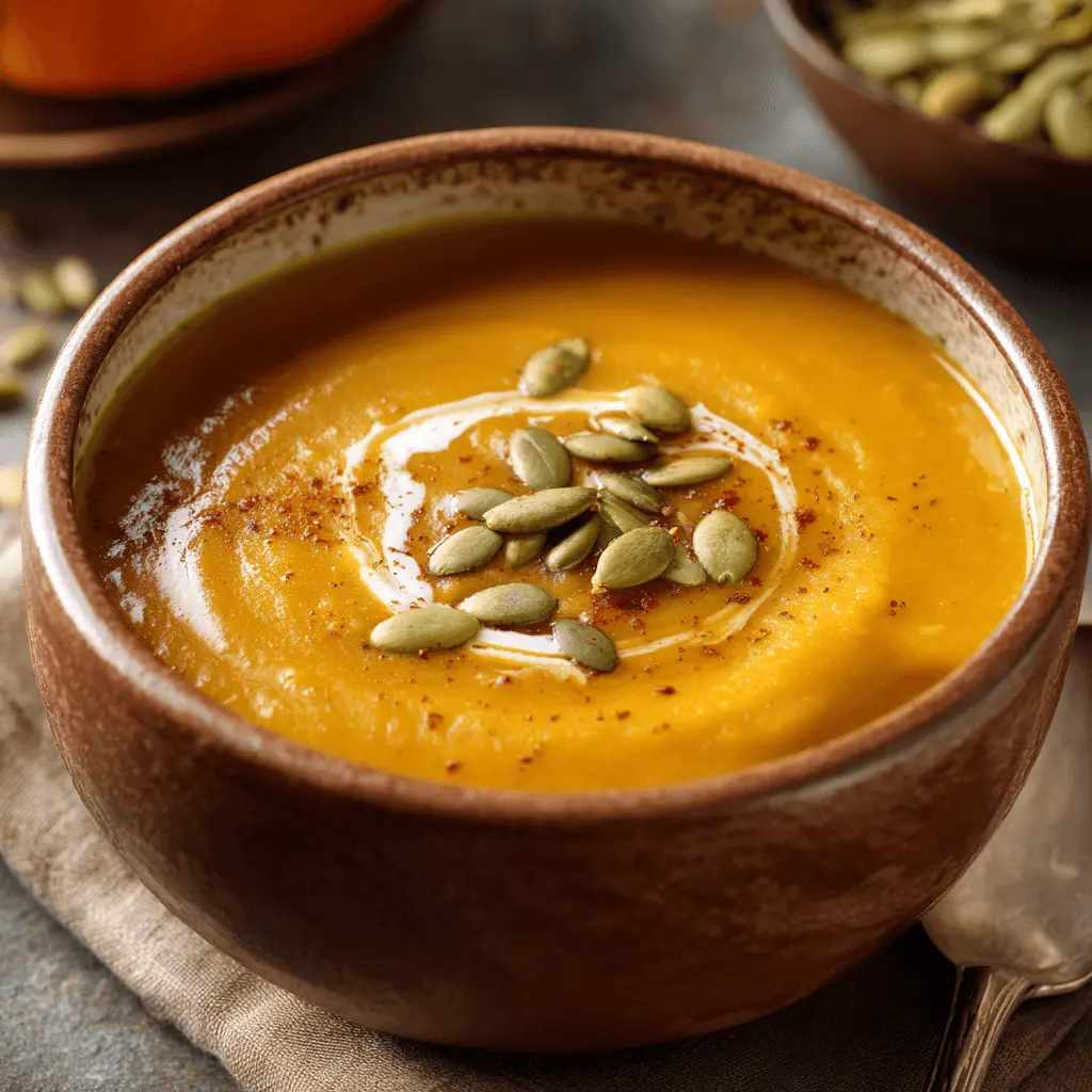 Close-up of a vibrant orange pumpkin soup recipe in a rustic bowl, garnished with cream and green pumpkin seeds.