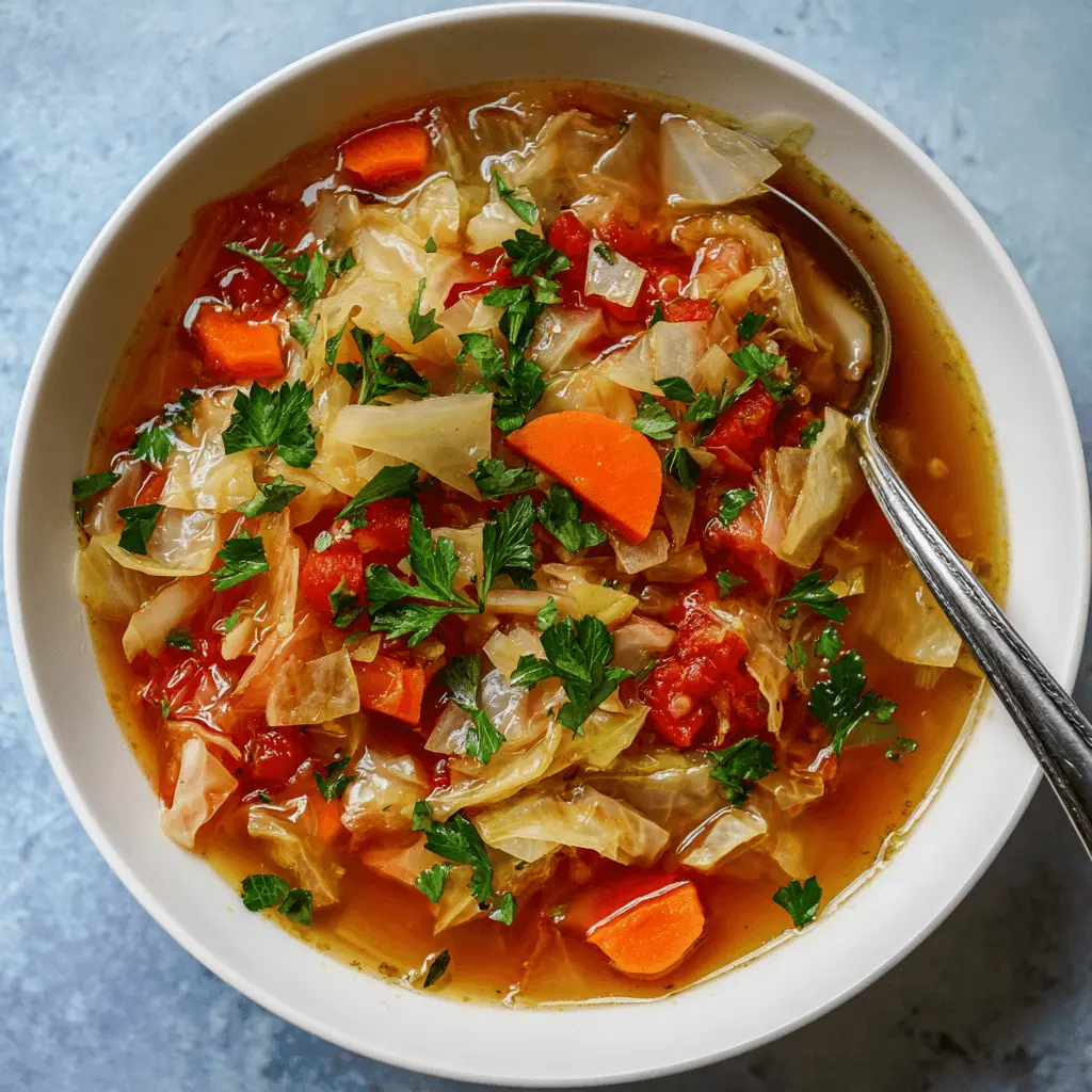 Vibrant overhead view of a homemade cabbage soup bowl with carrots, tomatoes, and parsley on a blue-grey background.
