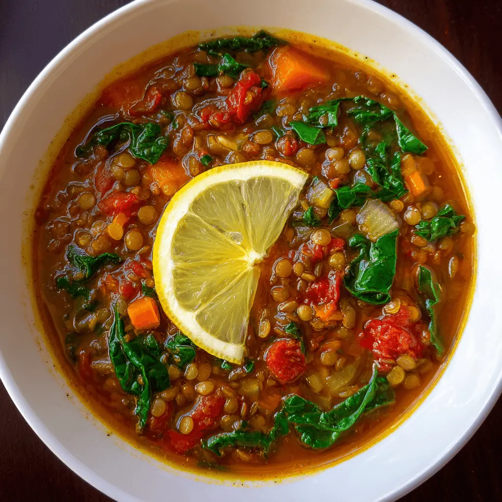 Vibrant overhead view of hearty lentil soup with fresh lemon and vegetables in a white bowl.