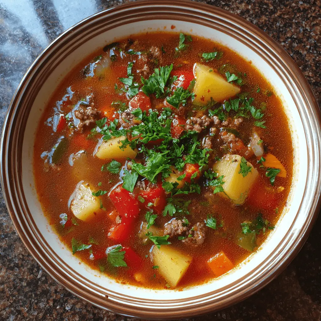 A vibrant top-down view of a hearty bowl of hamburger soup, garnished with fresh parsley, on a dark speckled countertop.