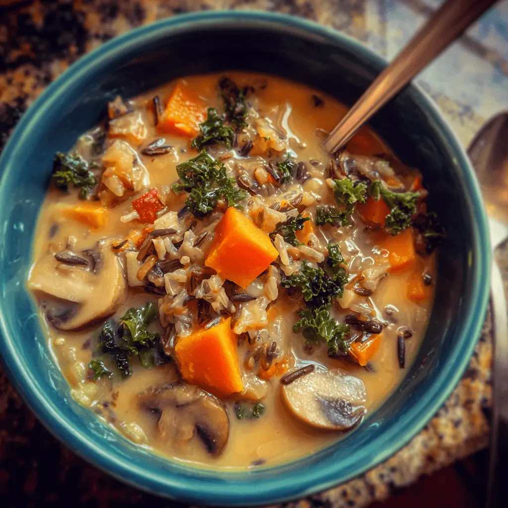 Close-up of a hearty, creamy vegetarian soup with butternut squash, kale, mushrooms, and wild rice, ideal for fall soup recipes.