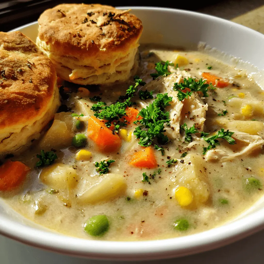 Close-up of a hearty bowl of creamy chicken pot pie soup with vegetables and two golden biscuits.