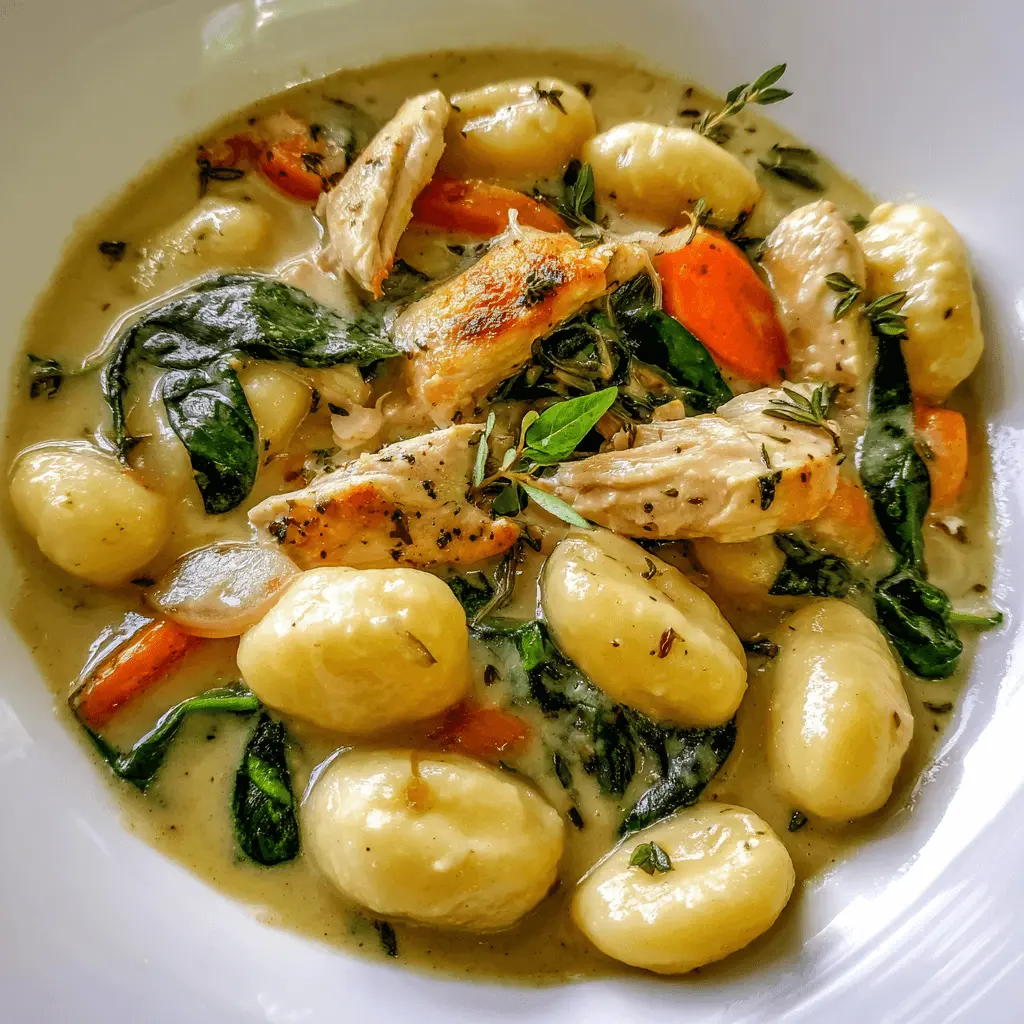 Creamy chicken gnocchi soup with spinach, carrots, and fresh herbs in a white bowl.