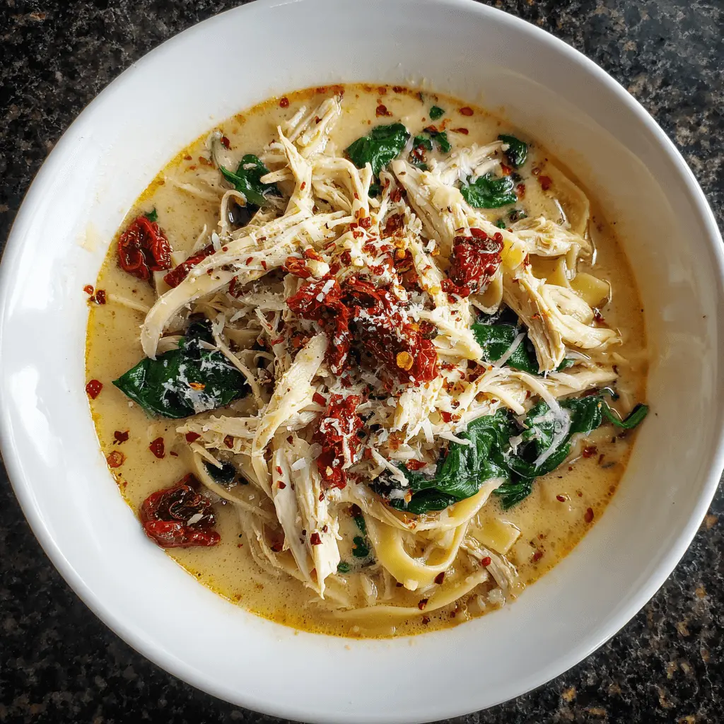 Overhead shot of a rich, creamy chicken pasta dish, reminiscent of the comfort and flavor of marry me chicken soup.
