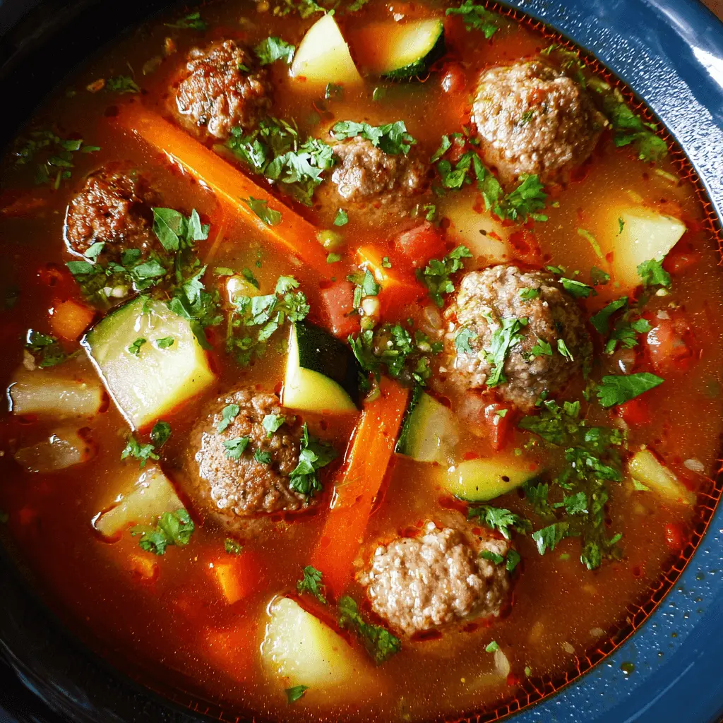 A close-up, top-down view of a hearty albondigas soup recipe in a dark ceramic bowl, brimming with meatballs, carrots, zucchini, potatoes, and fresh herbs.
