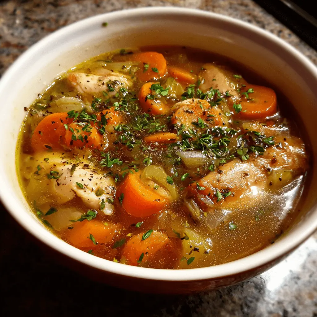 A vibrant close-up of homemade chicken bone broth soup with carrots, tender chicken, and fresh herbs in a ceramic bowl.