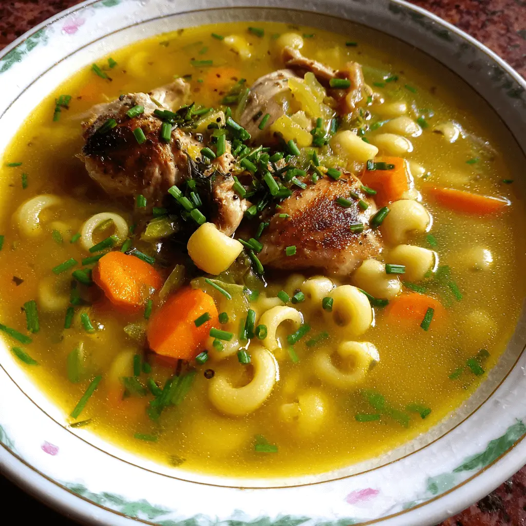 A close-up of a warm, homemade chicken and vegetable sick soup, richly garnished with fresh herbs in an ornate ceramic bowl.