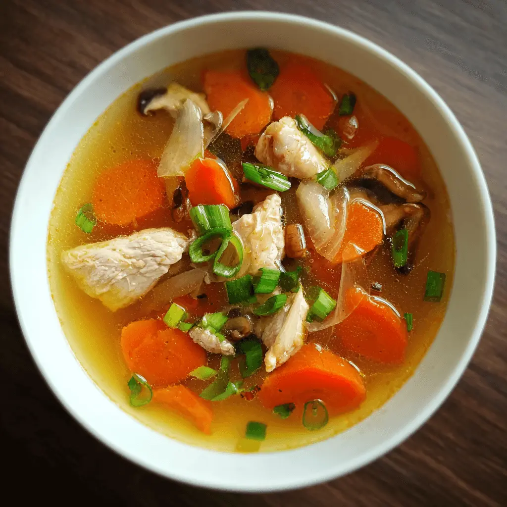 A vibrant bowl of homemade clear soup recipe with chicken, carrots, and fresh scallions on a dark wooden surface.