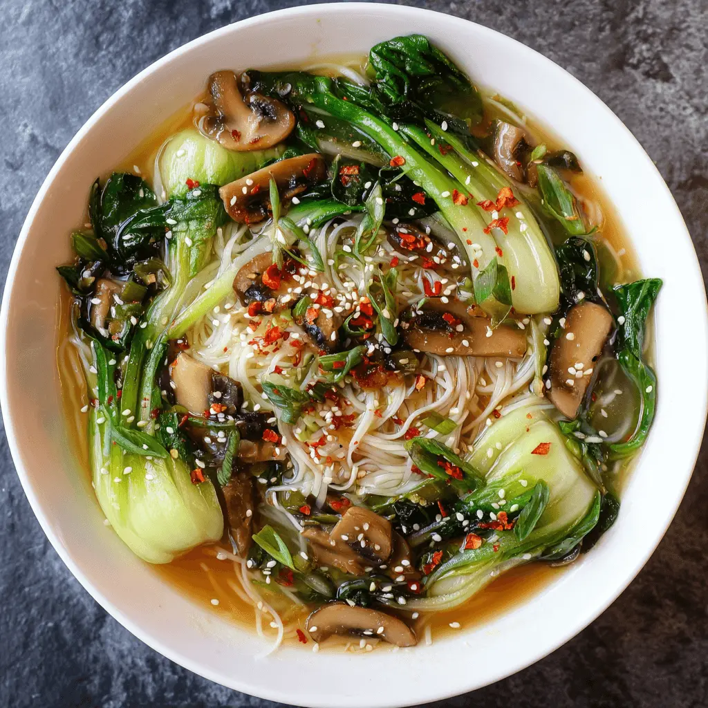 Vibrant overhead view of a bowl of bok choy soup with noodles, mushrooms, and chili flakes.