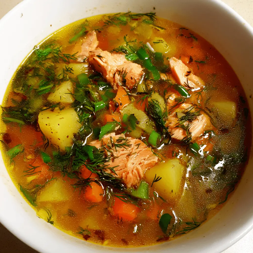 Close-up overhead view of a hearty bowl of homemade salmon soup with fresh dill and vegetables.