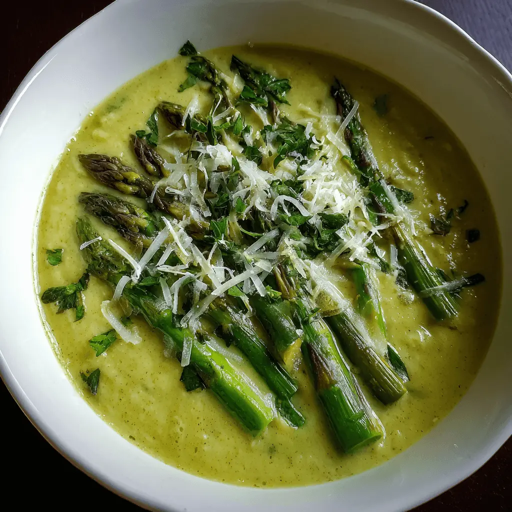 Close-up of vibrant creamy asparagus soup garnished with fresh asparagus spears, Parmesan, and herbs.