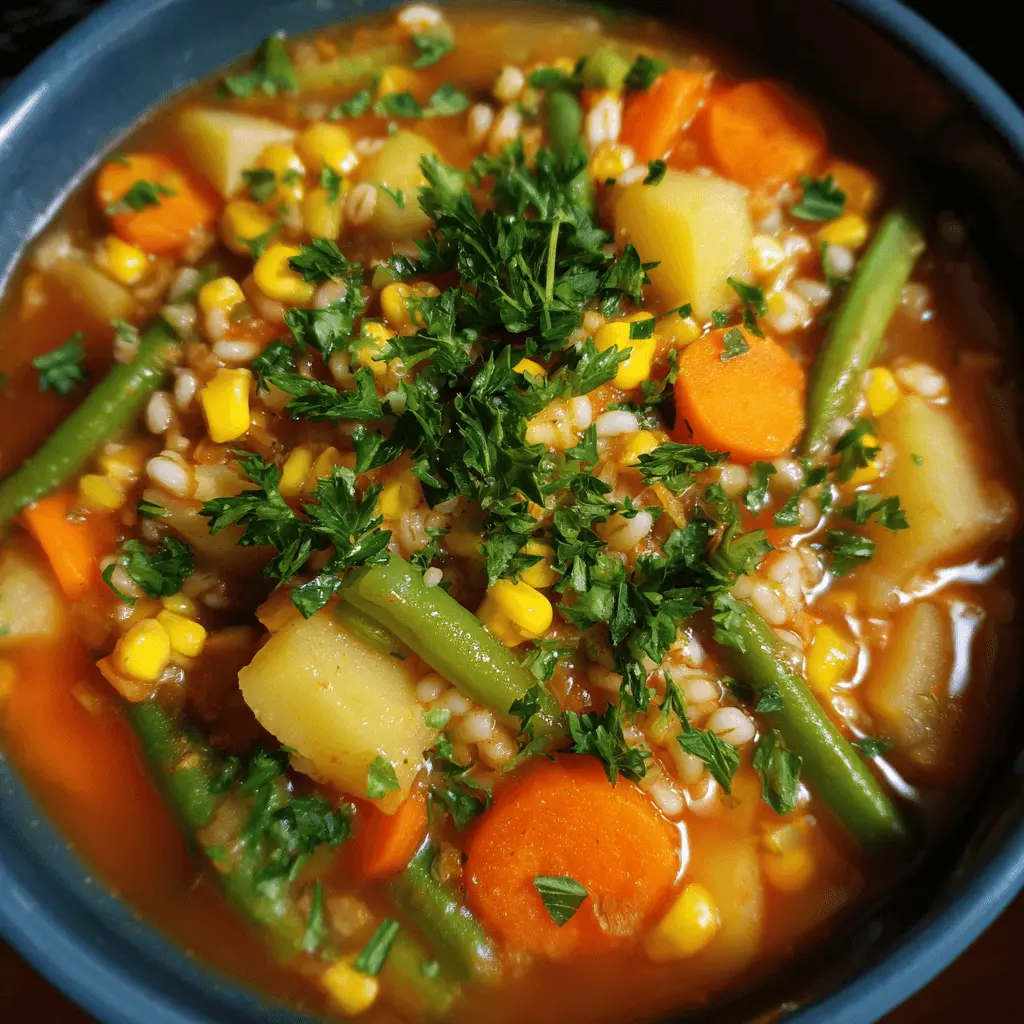 Vibrant close-up of a hearty vegetable and barley soup garnished with fresh parsley.