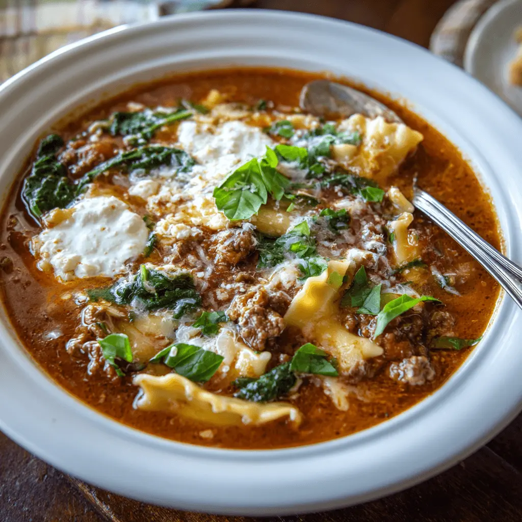 A close-up of a hearty bowl of lasagna soup recipe, garnished with fresh ricotta, Parmesan, and basil.