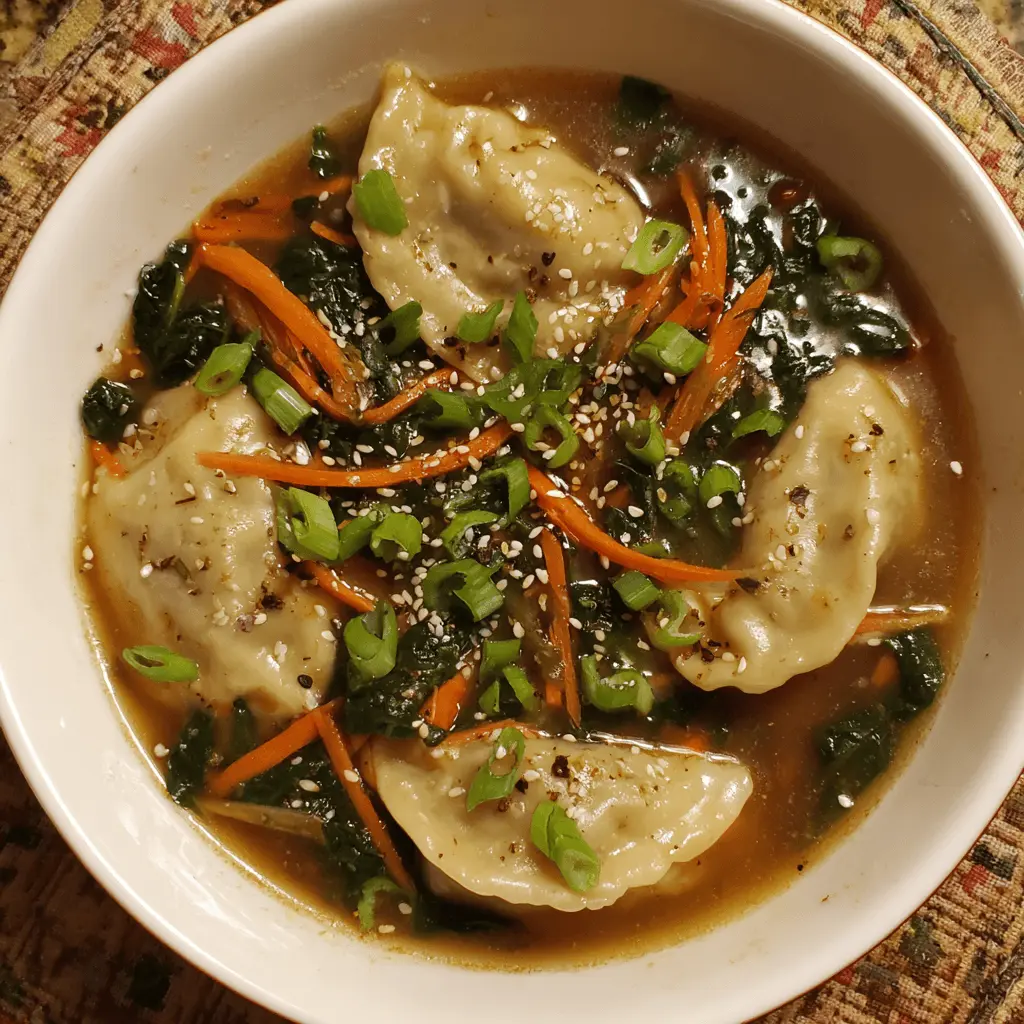 Steaming bowl of Asian-inspired dumpling soup with vegetables, green onions, and sesame seeds.