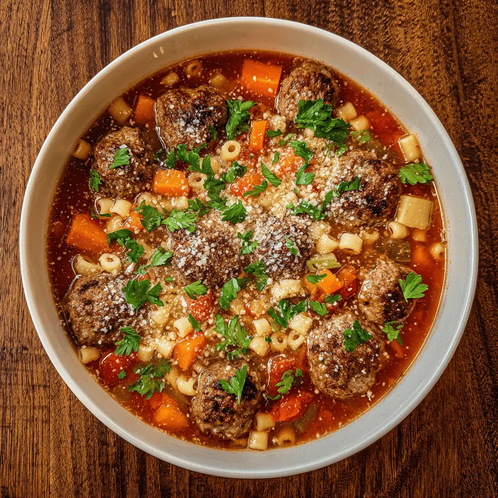 An appetizing overhead shot of a hearty bowl of italian meatball soup with pasta, vegetables, and fresh herbs on a rustic wooden table.