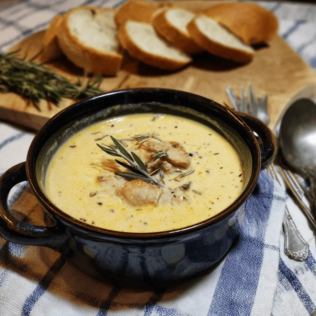 A rustic bowl of homemade cream of chicken soup, garnished with fresh rosemary, served with crusty bread and antique utensils on a checkered cloth.