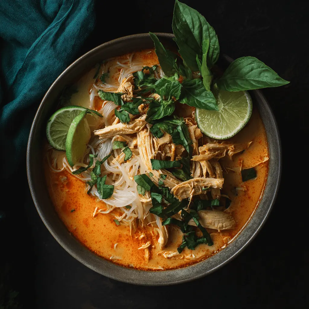 Rustic bowl of vibrant thai chicken soup with noodles, shredded chicken, basil, and lime, photographed from a top-down perspective on a dark surface.