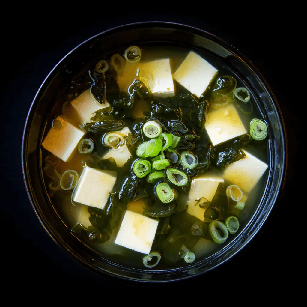 A top-down view of a traditional Japanese miso soup in a dark bowl, featuring tofu cubes, wakame seaweed, and sliced green onions against a black background.