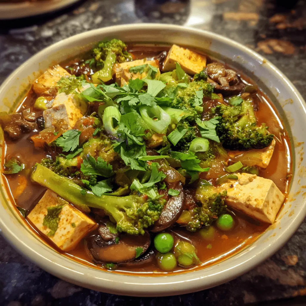 Vibrant close-up of hearty tofu soup with cubed tofu, broccoli, mushrooms, and fresh cilantro, served in a light bowl.