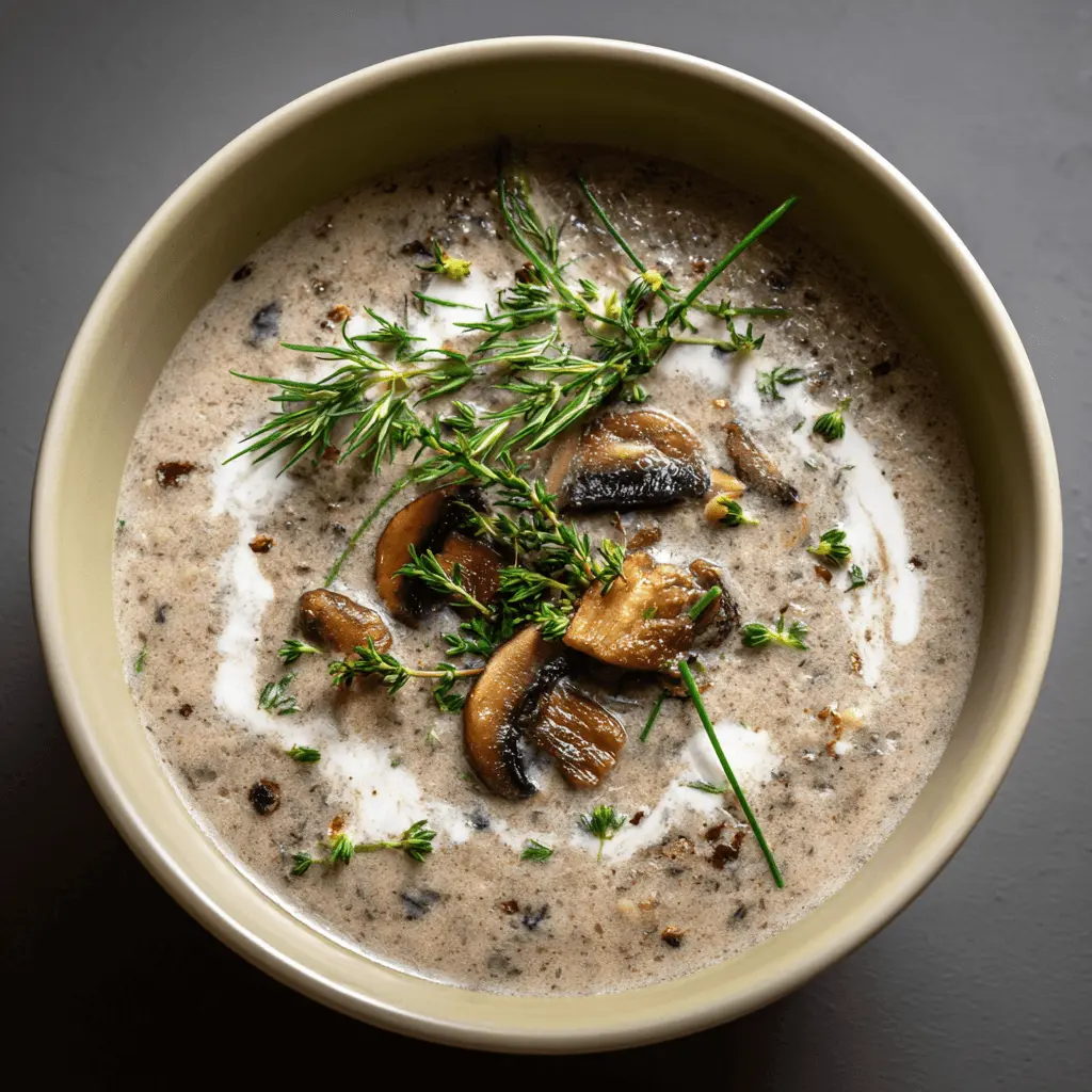 Creamy mushroom soup garnished with sautéed mushrooms, fresh herbs, and cream swirls.