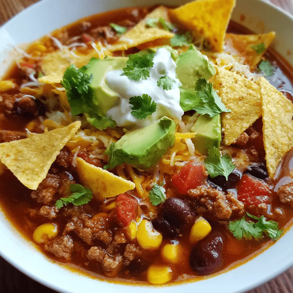 A close-up, top-down view of a vibrant bowl of homemade taco soup recipe, garnished with melted cheese, fresh avocado, sour cream, cilantro, and crispy tortilla chips.