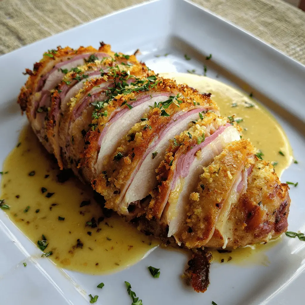 Beautifully presented Hasselback Chicken Cordon Bleu with crispy panko, ham, melted cheese, and fresh herbs.