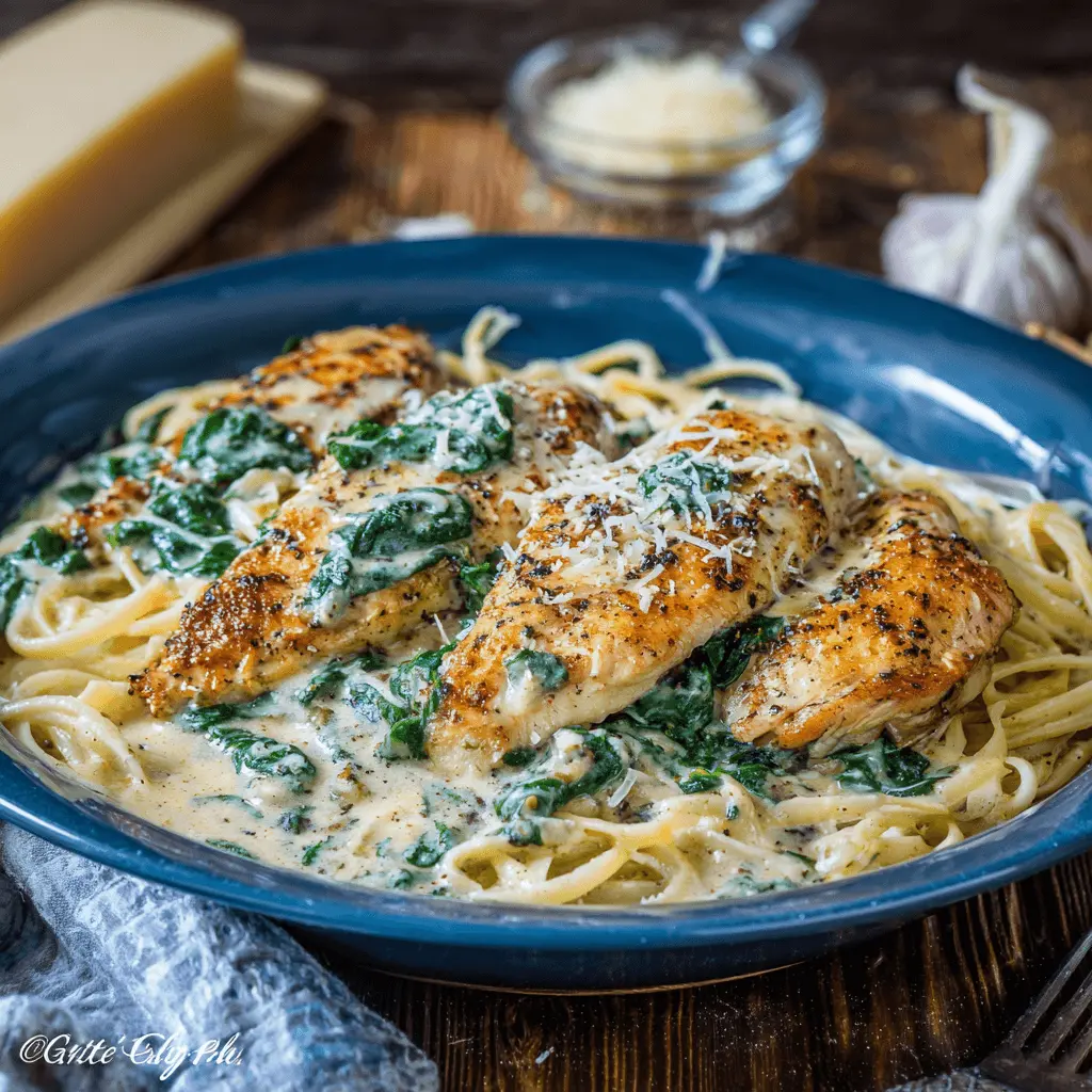 Creamy Chicken Florentine Style pasta with spinach and golden-brown chicken pieces on a rustic wooden table.