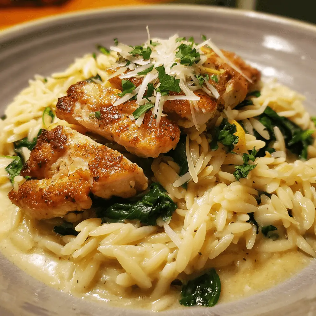 Close-up of a beautifully plated Instant Pot Lemon Frozen Chicken with Orzo, featuring pan-seared chicken on creamy pasta, garnished with lemon zest, Parmesan, and parsley.