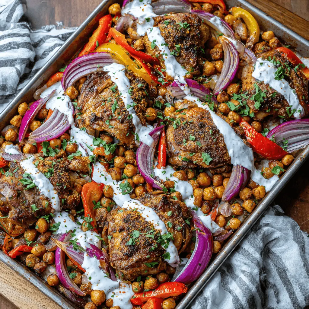 Vibrant Sheet Pan Chicken Shawarma with roasted chicken, chickpeas, and colorful vegetables.