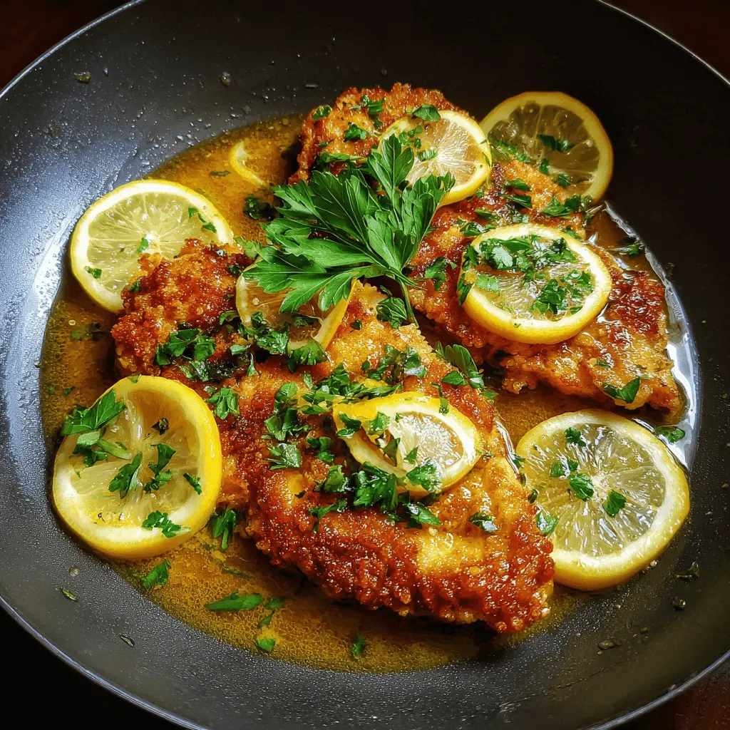 Overhead view of golden-brown pan-fried Lemon Chicken with fresh lemon slices and parsley in a dark frying pan.