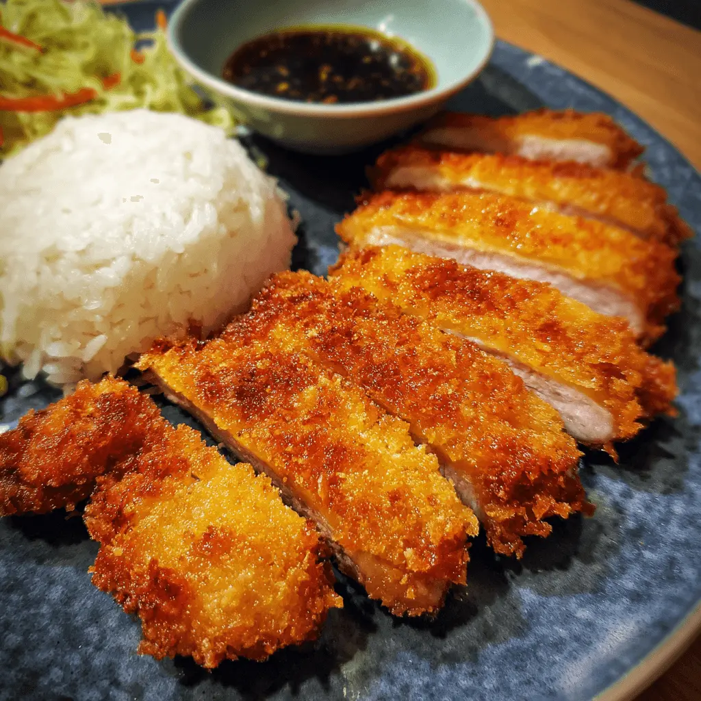 Crispy golden Chicken Katsu served with fluffy white rice, fresh shredded cabbage salad, and a side of dipping sauce.