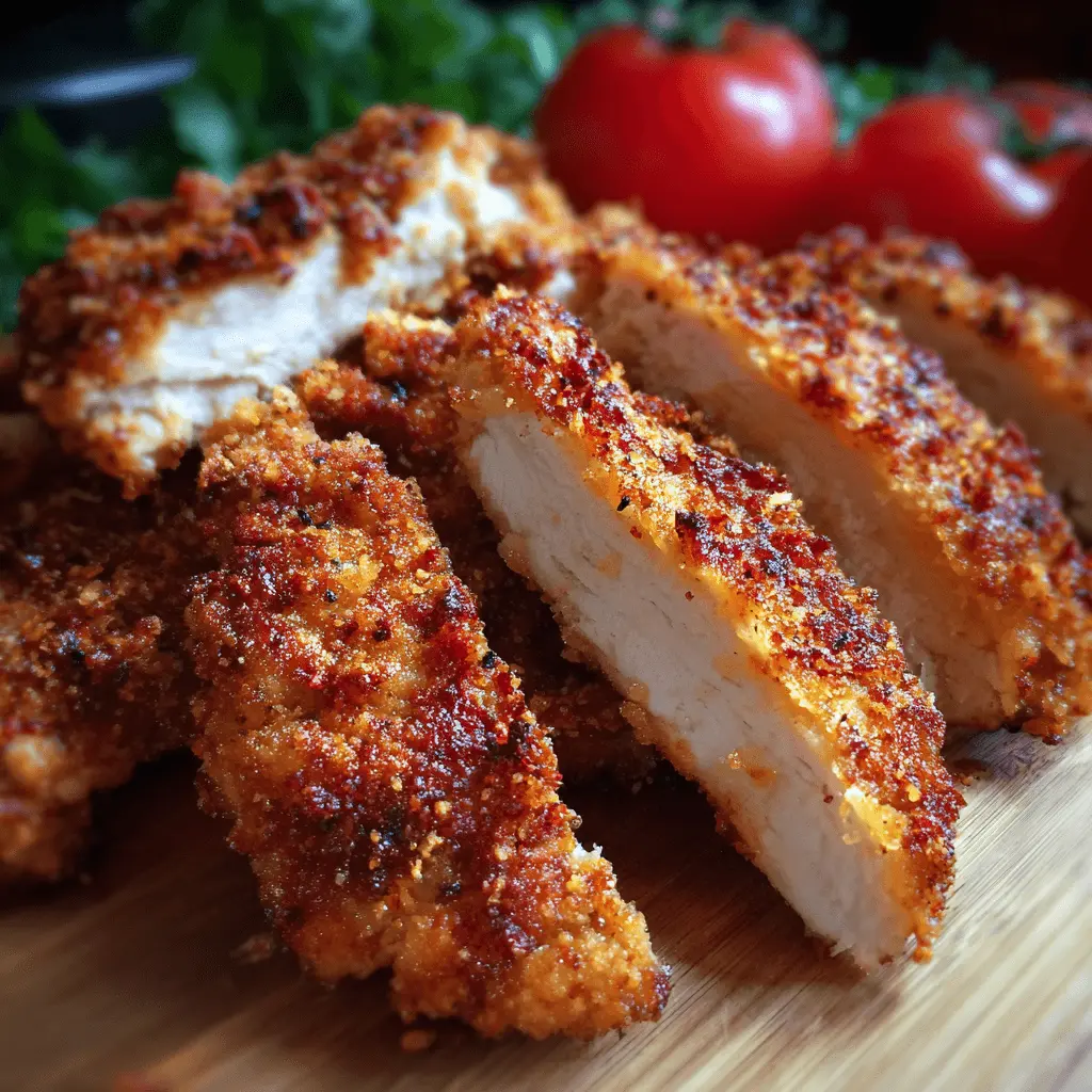 Close-up of crispy, golden-brown Oven Fried Chicken cutlets on a wooden board, garnished with fresh green vegetables and red tomatoes.