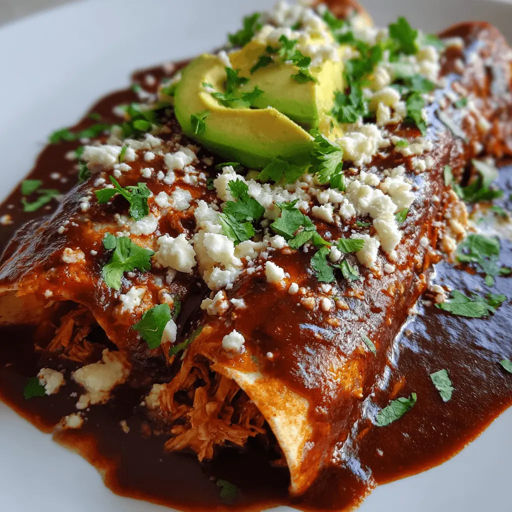 Close-up of "Easiest Ever' Chicken Mole Enchiladas" with rich mole sauce, crumbled cheese, cilantro, and avocado.