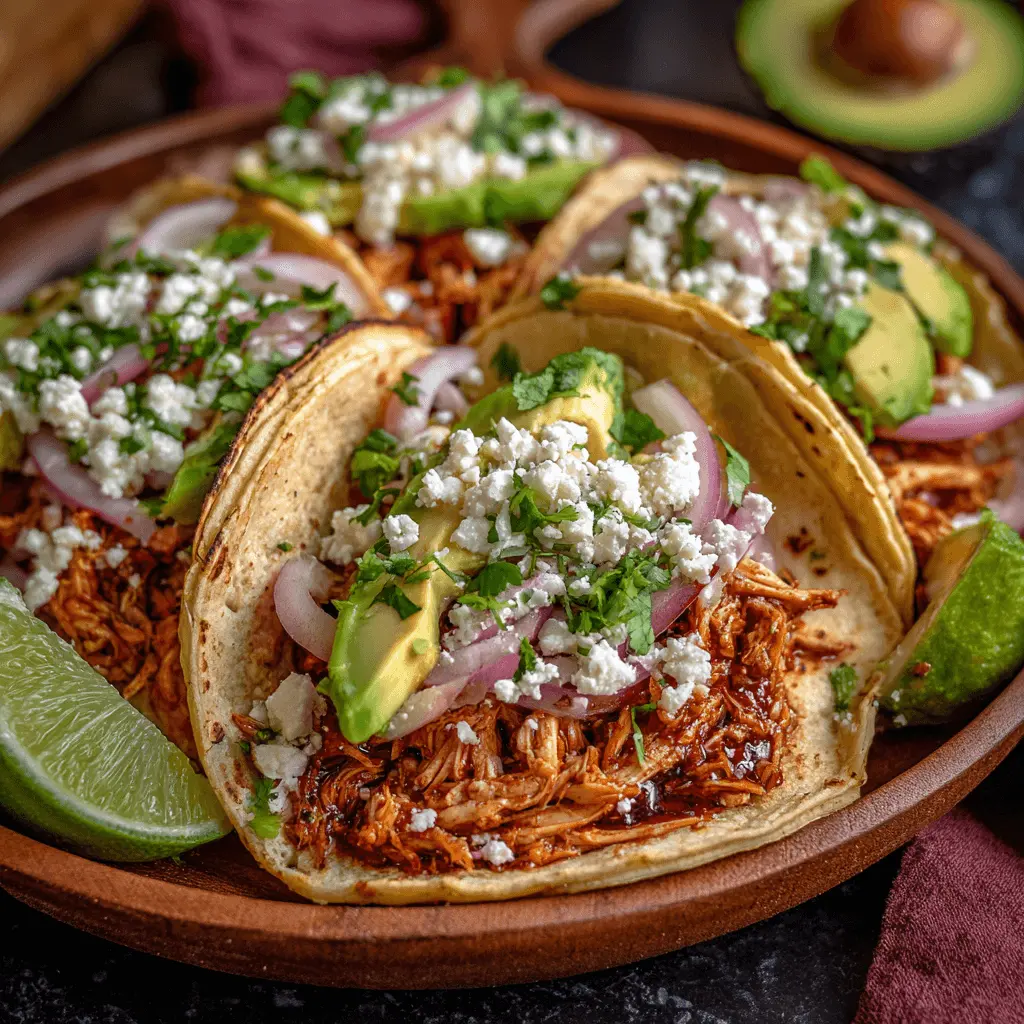 Vibrant close-up of generously filled Chicken Tinga Tacos on a rustic wooden platter with fresh toppings.