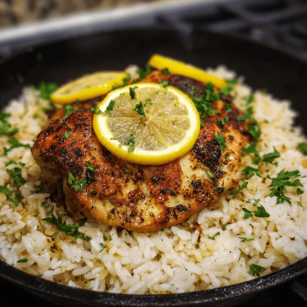 Close-up of a perfectly seared One-Pan Chicken and Rice with Preserved Lemon, garnished with fresh herbs in a cast iron pan.