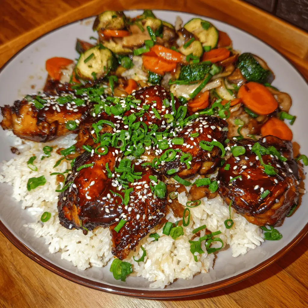 A delicious plate of glazed Chicken Yakitori and Rice with vibrant sautéed vegetables and green onions.