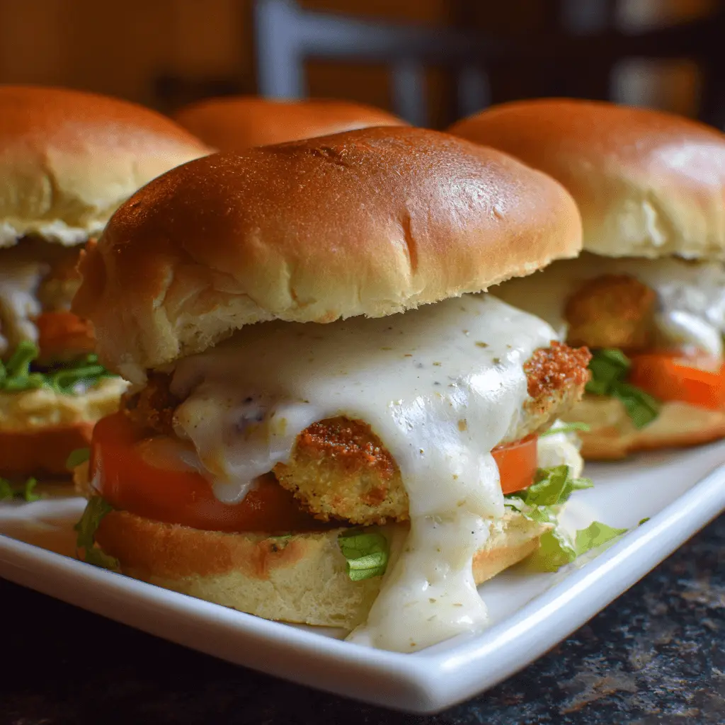 Golden-brown mini Chicken Pot Pie Burgers with creamy white sauce, lettuce, and tomato on brioche buns, served on a white dish.
