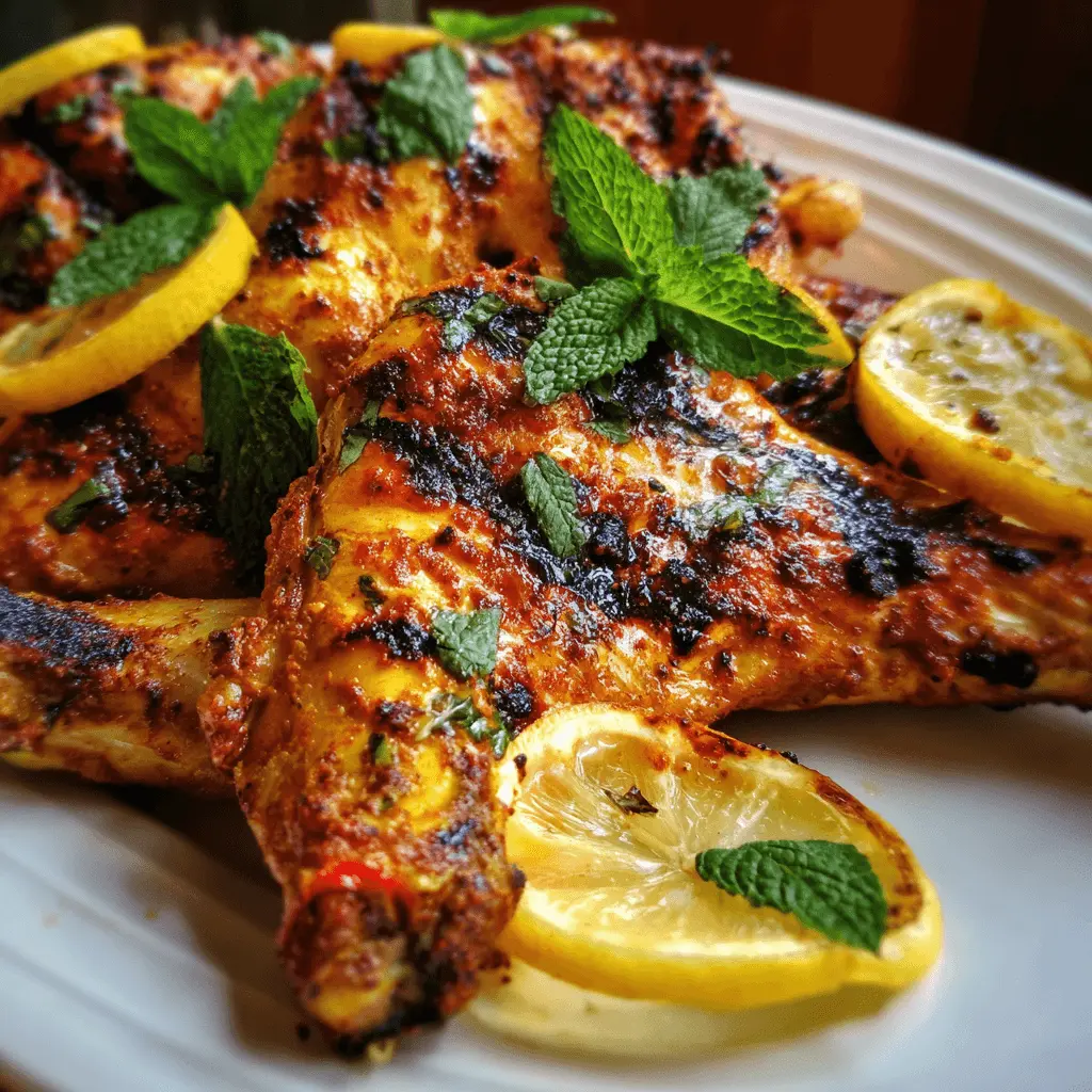 Close-up of golden-brown Grilled Chicken Quarters with Ras el Hanout, garnished with fresh mint and lemon slices on a white plate.