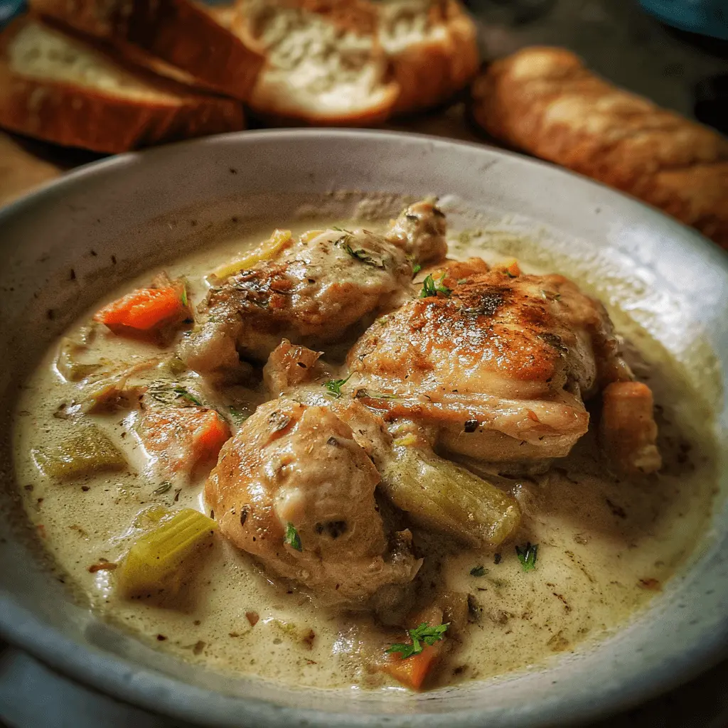 A rustic bowl of creamy old-fashioned chicken stew with tender chicken, carrots, celery, and fresh herbs, served with crusty bread.