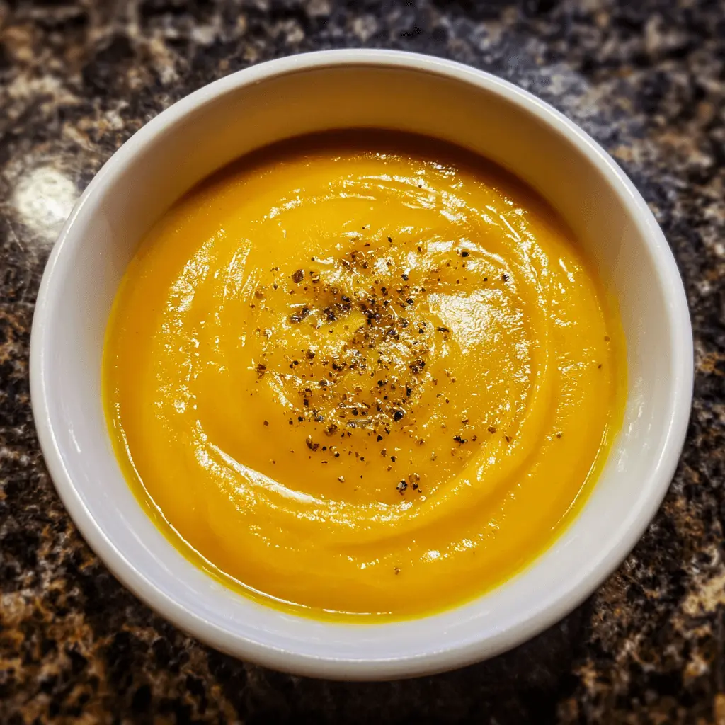 Overhead shot of creamy, golden butternut squash soup in a white bowl with black pepper garnish.