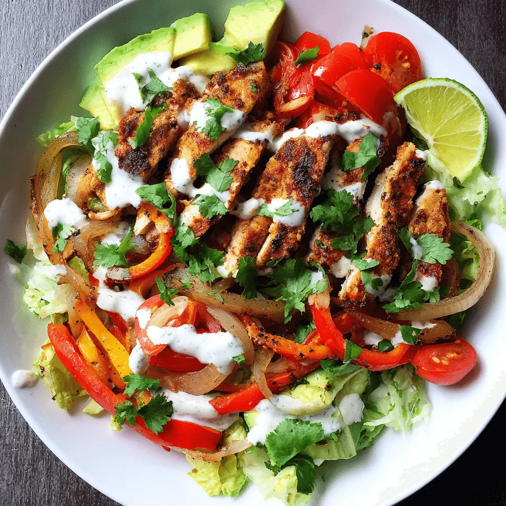 A vibrant Chicken Fajita Salad bowl with seared chicken, bell peppers, avocado, tomatoes, lime, and cilantro, drizzled with creamy dressing.