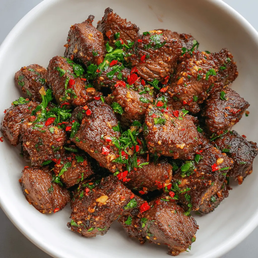 Perfectly seasoned air fryer steak bites garnished with fresh herbs and red chili flakes in a white bowl.