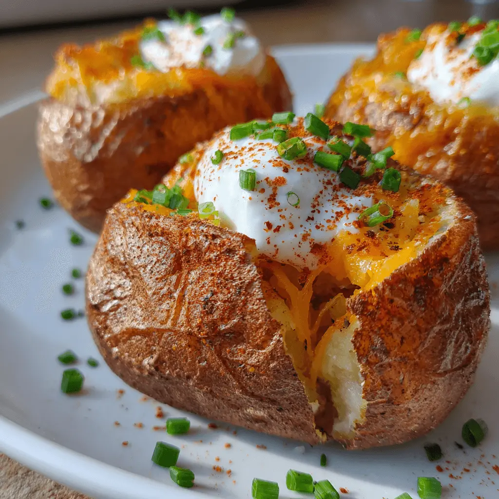 Three loaded air fryer baked potatoes with crispy skin, melted cheese, sour cream, and chives on a white plate.