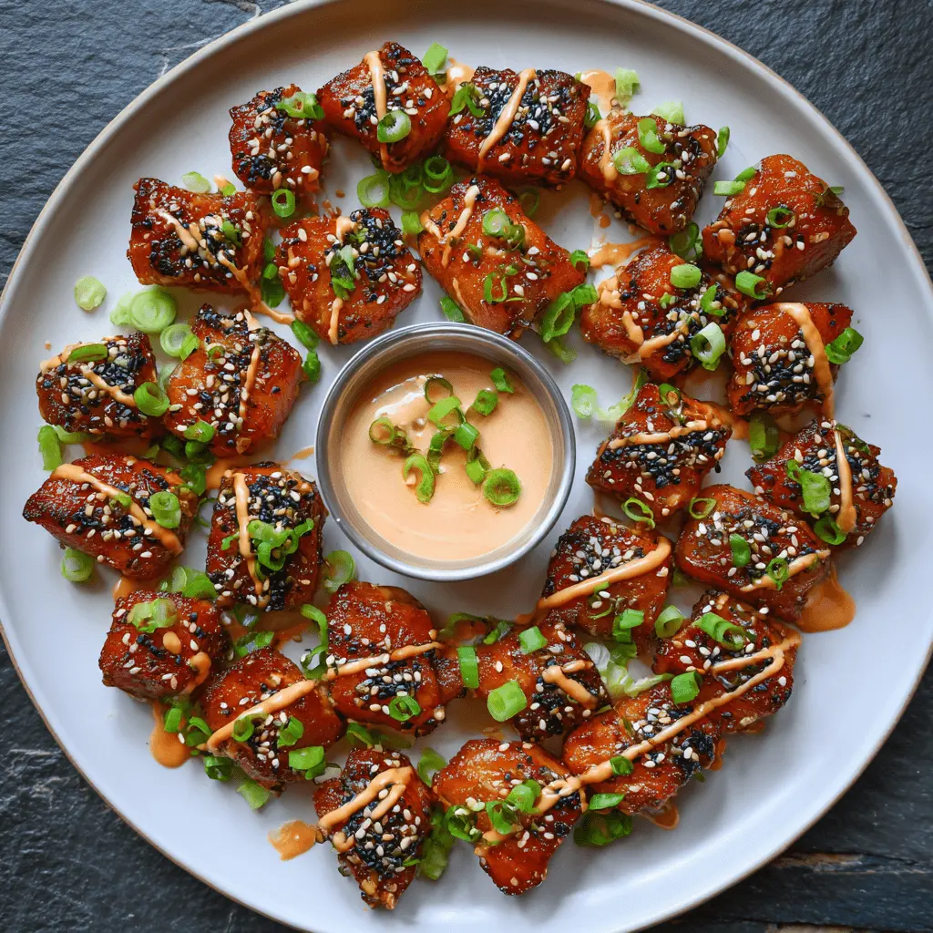 Delicious air fryer salmon bites with sesame seeds, green onions, and dipping sauce on a ceramic plate.