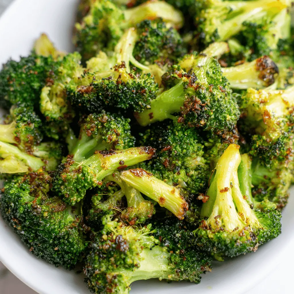 A close-up, top-down view of perfectly roasted and seasoned air fryer broccoli florets with caramelized edges, served in a white bowl.